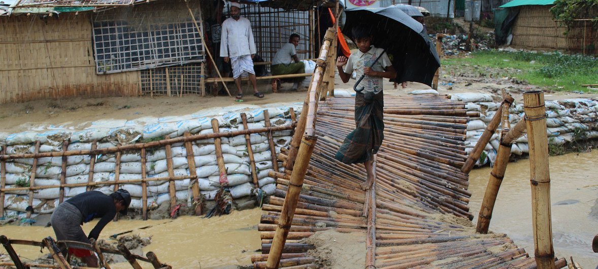 Flash flooding has damaged key infrastructure including this bridge in Balukhali camp.