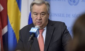 Secretary-General António Guterres delivers remarks on the US-DPRK Summit at UN Headquarters in New York. 11 June 2018.