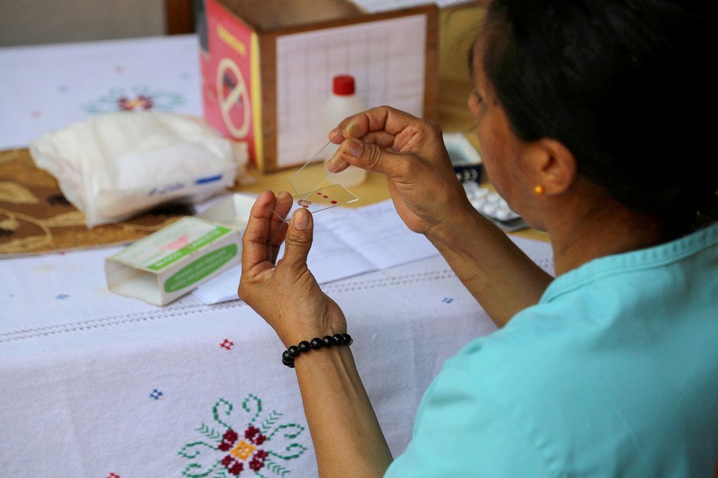 Un professionnel de santé prépare un échantillon de sang pour faire le test du paludisme.