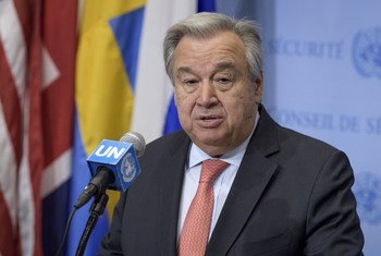 Le Secrétaire général de l'ONU, António Guterres, lors d'un point de presse à New York. 