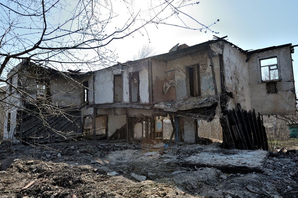 The remains of houses in a village that were destroyed in the armed conflict in Ukraine's Luhanks region.