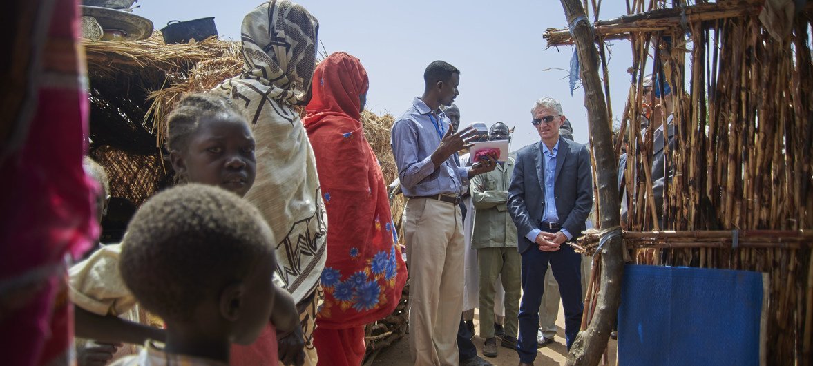 UN Emergency Relief Coordinator Mark Lowcock speaks with internally displaced persons at a camp in South Kordofan, Sudan.