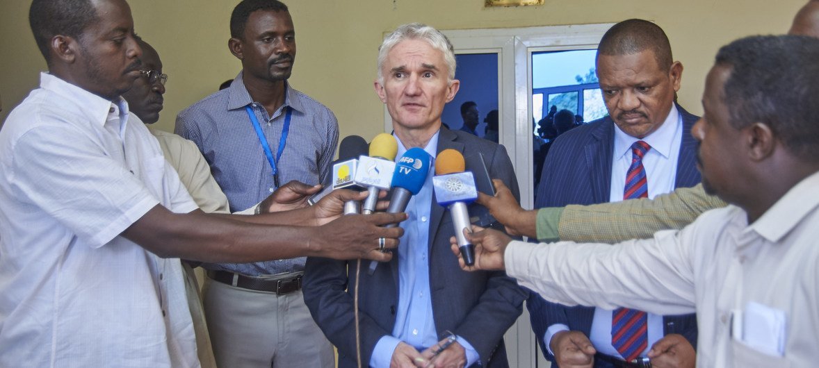 UN Emergency Relief Coordinator Mark Lowcock speaks to the media in South Kordofan, Sudan.