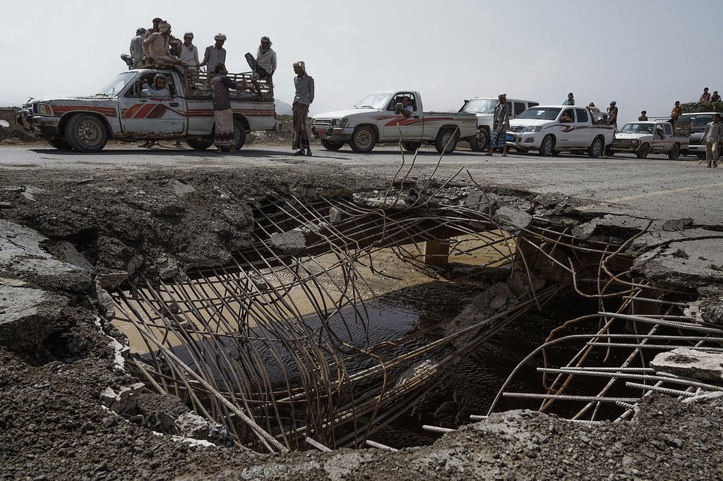 A bridge damaged by an air strike in Yemen’s Hudaydah governorate (file photo). Over 170 people have been killed and more than 1,700 injured in the region since fighting escalated in June 2018.