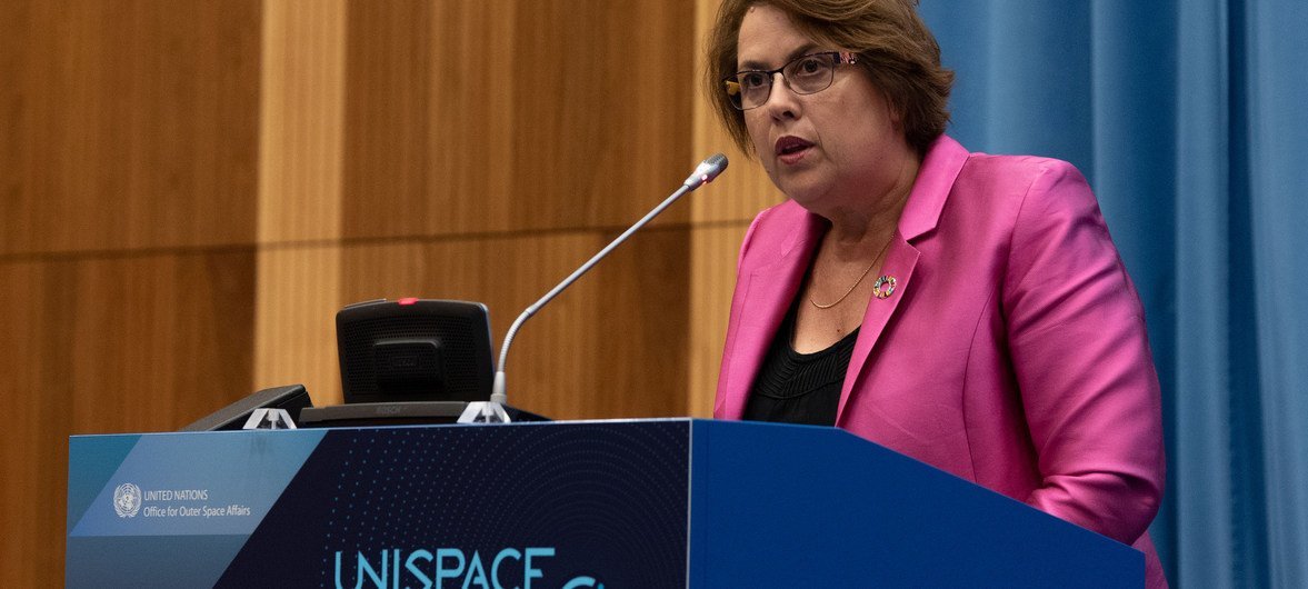 UNOOSA Director Simonetta Di Pippo speaks at the opening of the UNISPACE+50 symposium.