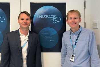 Robbie Schingler (left) and Will Marshall (right), co-founders of the space imaging technology company Planet, at UNISPACE 50 symposium at Vienna, Austria, on 18 June 2018.