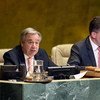 Secretary-General António Guterres (left) addresses the UN General Assembly meeting on the responsibility to protect and the prevention of genocide, war crimes, ethnic cleansing, and crimes against humanity.