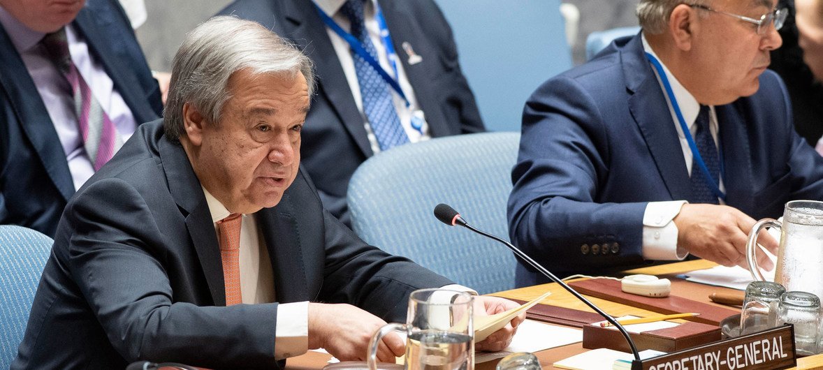 الأمين العام الأمم المتحدة أنطونيو غوتيريش يتحدث على المنصة خلال اجتماع مجلس الأمن الأمم المتحدة في نيويورك.
