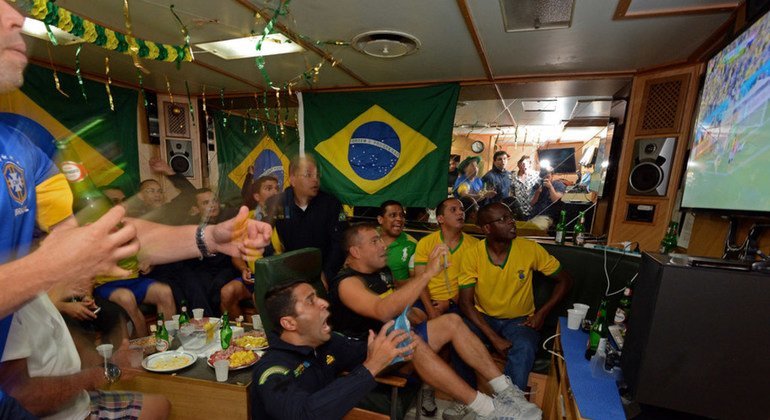 Brazilian peacekeepers of UNIFIL Maritime Task Force watching the opening match of the 2014 Brazil World Cup on board of the MTF’s flagship “Liberal” docked at Beirut Port. June 12, 2014.