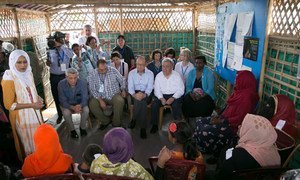 Secretary-General António Guterres (2nd right), World Bank Group President Jim Yong Kim (center), UNFPA Executive Director Natalia Kanem (right) and UN High Commissioner for Refugees Filippo Grandi (left) interact with Rohingya refugees in Cox’s Bazaar, Bangladesh.