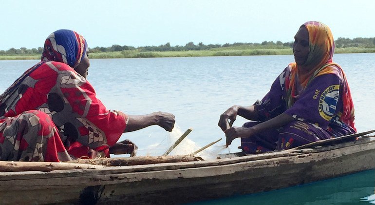  Las pescadoras como Falmata Mboh Ali (derecha) trabajan arduamente en el lago Chad, que se ha reducido a una décima parte de su tamaño original en las últimas décadas, dejando cantidades cada vez menores de peces.
