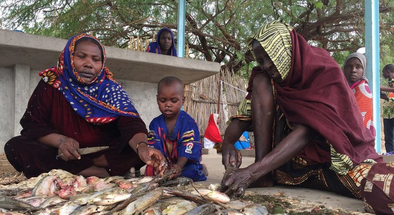 Mujeres se sostienen economicamente de la captura, preparación, y venta de pescado en la región de la Cuenca del Lago Chad. 