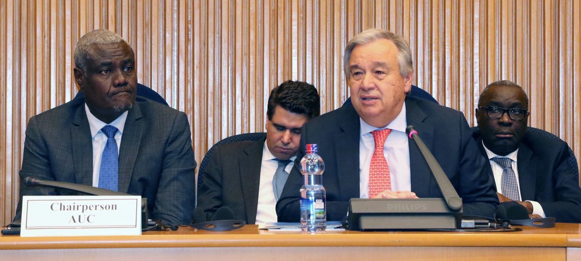 Secretary-General António Guterres (right) addresses a peace and security in Africa session at the Second Annual AU-UN Conference in Addis Ababa, Ethiopia.