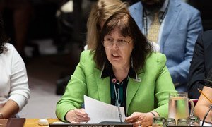 Virginia Gamba, Special Representative of the Secretary-General for Children and Armed Conflict, addresses the Security Council meeting on the issue. July 9, 2018.