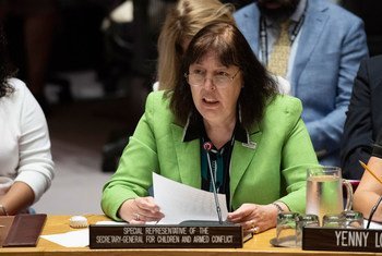 Virginia Gamba, Special Representative of the Secretary-General for Children and Armed Conflict, addresses the Security Council meeting on the issue. July 9, 2018.