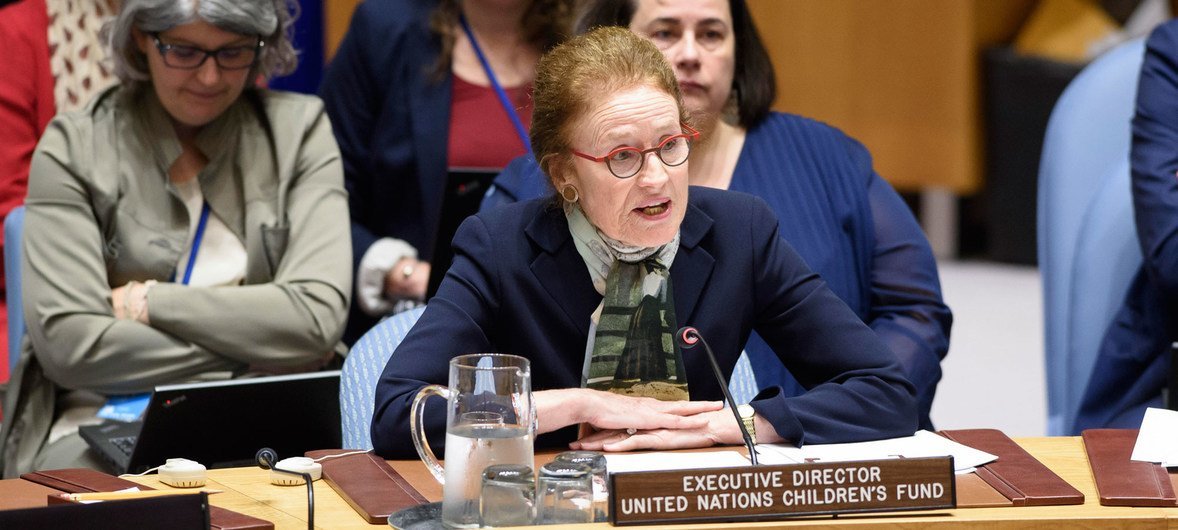 Henrietta H. Fore, Executive Director of the United Nations Children's Fund (UNICEF), addresses the Security Council meeting on children and armed conflict. July 9, 2018