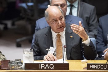 حسن الجنابي وزير الموارد المائية العراقي يتحدث في جلسة مجلس الأمن الدولي حول تأثير تغير المناخ على السلم والأمن الدوليين. 11 يوليو 2018