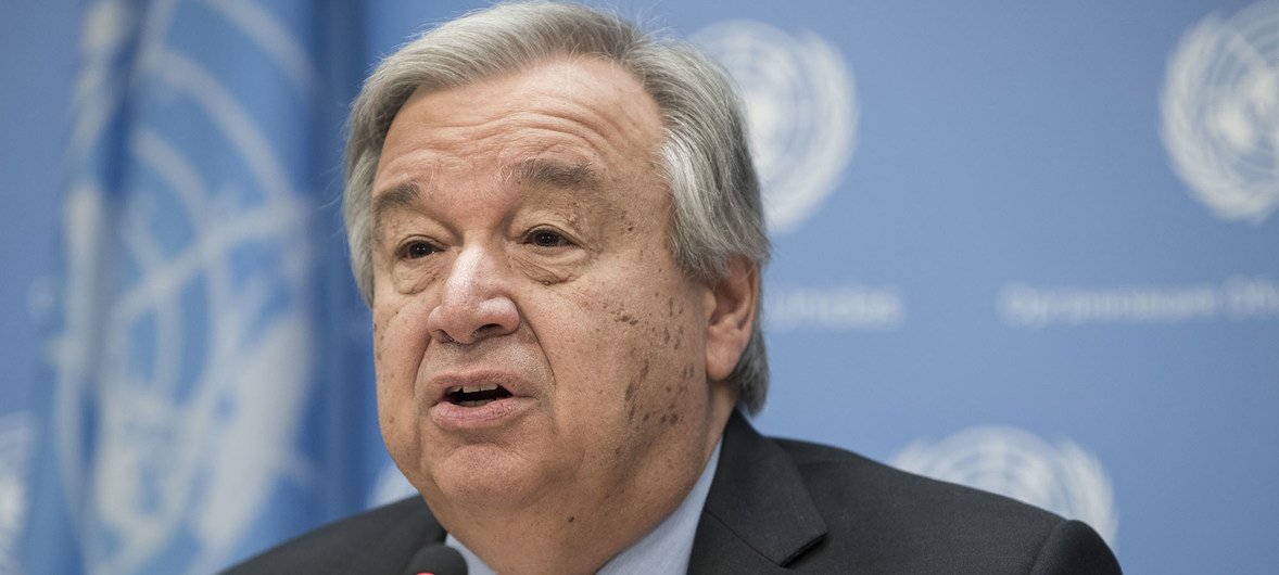 Le Secrétaire général António Guterres lors d'un point de presse au Siège de l'ONU.