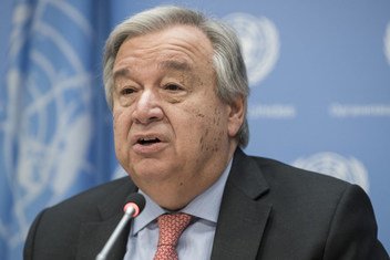 Le Secrétaire général António Guterres lors d'un point de presse au Siège de l'ONU (archives).