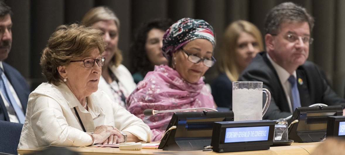 Louise Arbour (l), Special Representative of the UN Secretary-General for International Migration, UN Deputy Secretary-General Amina Mohammed (c) and Miroslav Lajčák, President of the 72nd Session of the UN General Assembly (r), attend a special event for