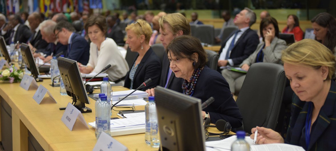 Rosemary DiCarlo (second from right), Under-Secretary-General for Political Affairs, addresses the Somalia Partnership Forum in Brussels, Belgium.