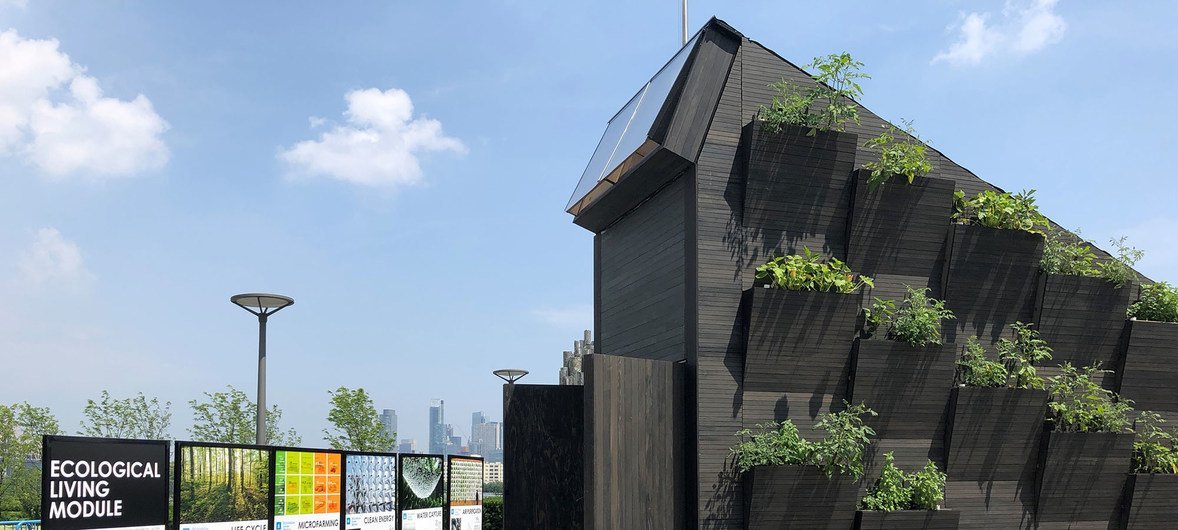 UN Environment (UNEP) and Yale University's Ecological Living Module; a sustainable tiny house exhibited at UN Headquarters in New York.