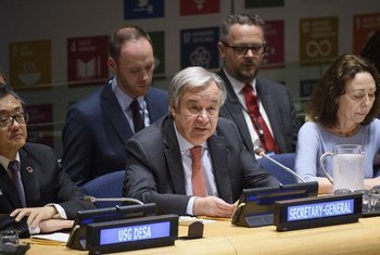 Secretary-General António Guterres (centre) addresses the closing session of the High-level Political Forum on Sustainable Development. At left is Liu Zhenmin, Under-Secretary-General for Economic and Social Affairs, and at right is Marie Chatardová, Pres