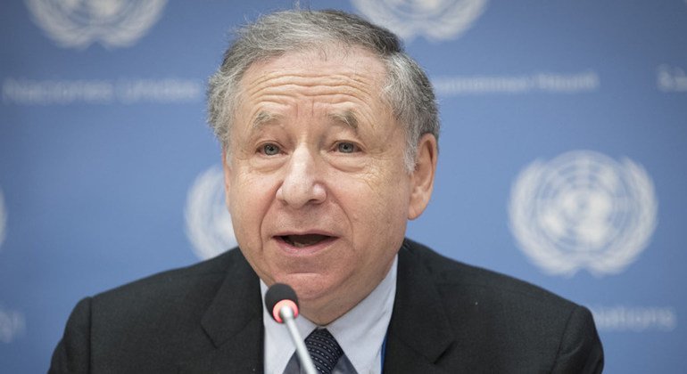 Jean Todt, UN Special Envoy for Road Safety and President of the Fédération Internationale de l’Automobile (FIA), addresses a press conference on the establishment of a Road Safety trust fund. 12 April 2018.