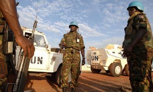 Kenyan troops serving with the UN Mission in Sudan (UNMIS) patrol the disputed area of Abyei, claimed by both Sudan and South Sudan.