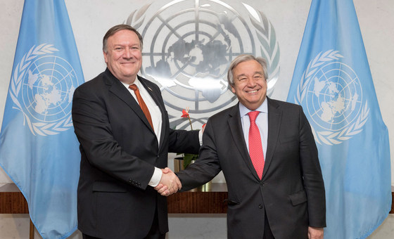 Secretário de Estado norte-americano, Mike Pompeo, com secretário-geral da ONU, António Guterres. 
