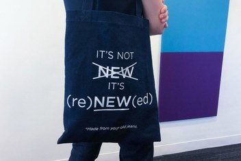 Bag made from recycled denim distributed by The Alliance for Responsible Denim at their stand on the margins of the 2018 High Level Political Forum at UN Headquarters in New York.  July 2018.