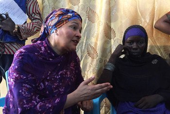 The UN Deputy Secretary-General, Amina Mohammed (l), meets Halima Yakoy Adam, who was tricked into becoming a suicide bomber for Boko Haram in Chad.