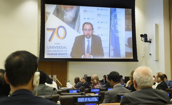 Zeid Ra’ad Al Hussein, High Commissioner for Human Rights, briefs the Committee on the Exercise of the Inalienable Rights of the Palestinian People, via videoconference from Geneva to New York, 23 July 2018.