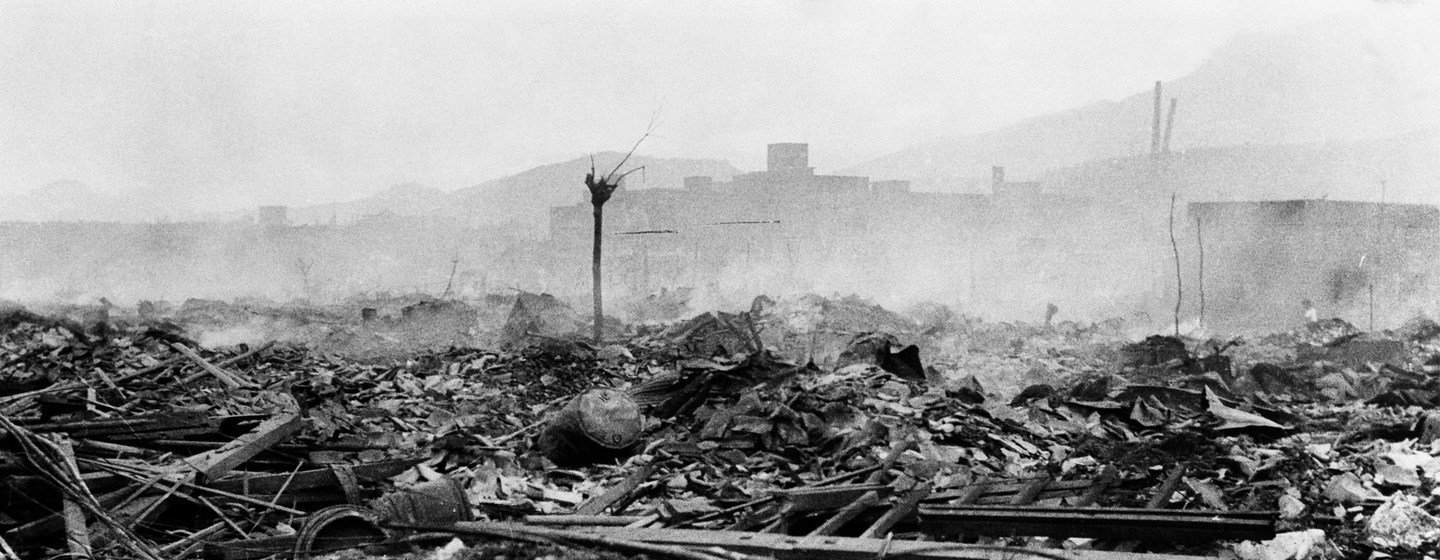The smoldering ruins of Nagasaki, about 700 metres from the hypocentre of the explosion, as seen on 10 August 1945.
