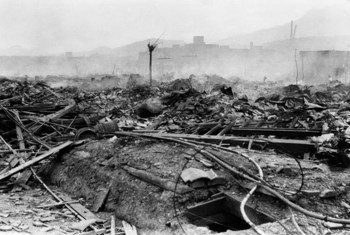 The smoldering ruins of Nagasaki, about 700 metres from the hypocentre of the explosion, as seen on 10 August 1945.