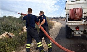 Danish fire fighters working with the UN Interim Force in Lebanon (UNIFIL) extinguish a bush fire near Naqoura, Lebanon (October 2010).