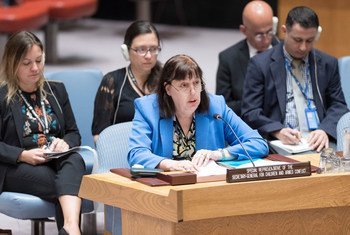 فيرجينيا غامبا الممثلة الخاصة للأمين العام للأمم المتحدة المعنية بالأطفال والصراعات المسلحة، تتحدث أمام مجلس الأمن الدولي حول وضع الأطفال في سوريا. يوليه/تموز 2018
