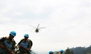 Indian peacekeepers in the Democratic Republic of the Congo secure a helicopter landing site in the far east of the country in 2015.