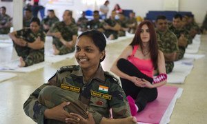 Indian peacekeepers with the UN mission in Lebanon (UNIFIL) practice yoga on International Yoga Day on June 21st, 2015.