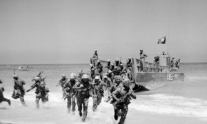 Indian peacekeepers take part in a United Nations Emergency Force (UNEF) exercise to practice evacuation and landing on a beach in Gaza in 1958.