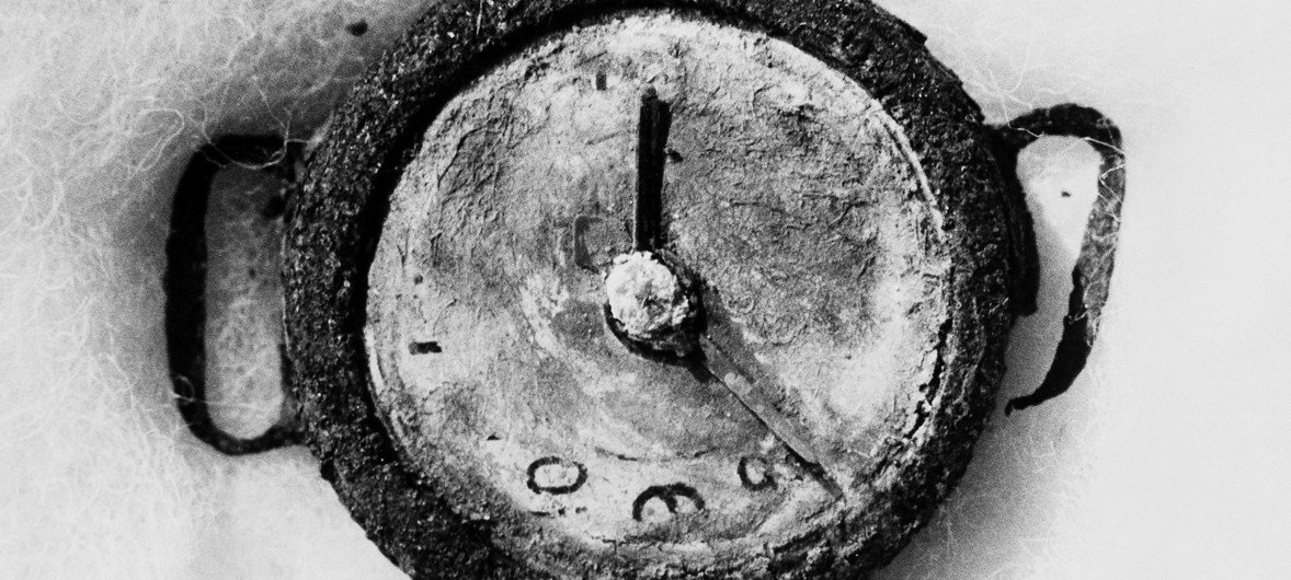 The remains of a wristwatch found in the ruins of Hiroshima, Japan, records the moment of the atomic bomb explosion at 8:15 a.m. on 6 August 1945.