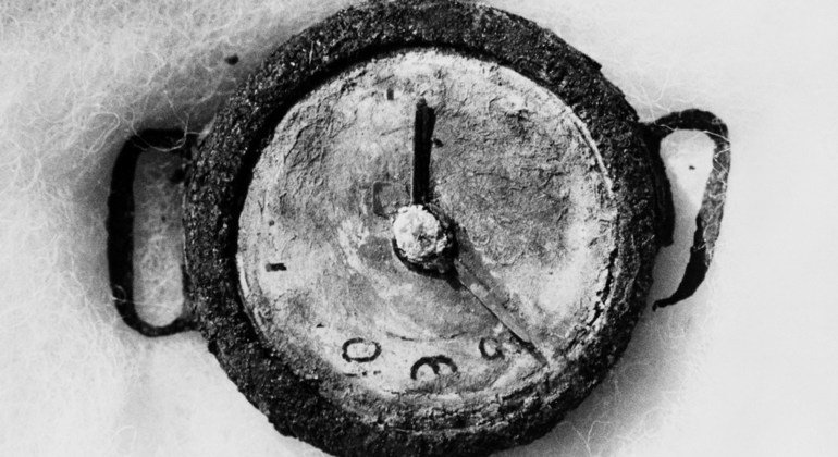 The remains of a wristwatch found in the ruins of Hiroshima, Japan, records the moment of the atomic bomb explosion at 8:15 a.m. on 6 August 1945.