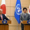 Secretary-General António Guterres (left) and Prime Minister Shinzo Abe of Japan brief the media at a joint press conference in Tokyo.