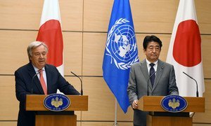 Secretary-General António Guterres and Prime Minister Shinzo Abe of Japan brief the media at a joint press conference in Tokyo.
