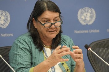 Hilal Elver, Special Rapporteur on the Right to Food, at a press conference at United Nations Headquarters in New York. 2017.