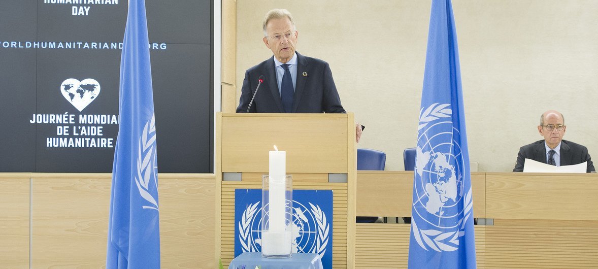 Michael Møller, Director-General of the United Nations Office at Geneva speaking at the World Humanitarian Day event at Palais des Nations, Geneva.