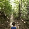 Un enfant marchant dans une forêt.
