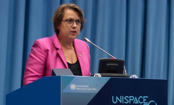 Simonetta Di Pippo, Director of the United Nations Office for Outer Space Affairs (UNOOSA), at the opening of the UNISPACE+50 Symposium, at the Vienna International Centre, Austria. 18 June 2018.
