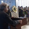 Secretary-General António Guterres speaking at the Wreath-laying Ceremony for the Observance of the 15th Anniversary of the Bombing of the United Nations Headquarters in Baghdad, on 17 August 2018, at UN Headquarters in New York.