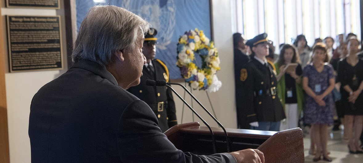 Secretary-General António Guterres speaking at the Wreath-laying Ceremony for the Observance of the 15th Anniversary of the Bombing of the United Nations Headquarters in Baghdad, on 17 August 2018, at UN Headquarters in New York.